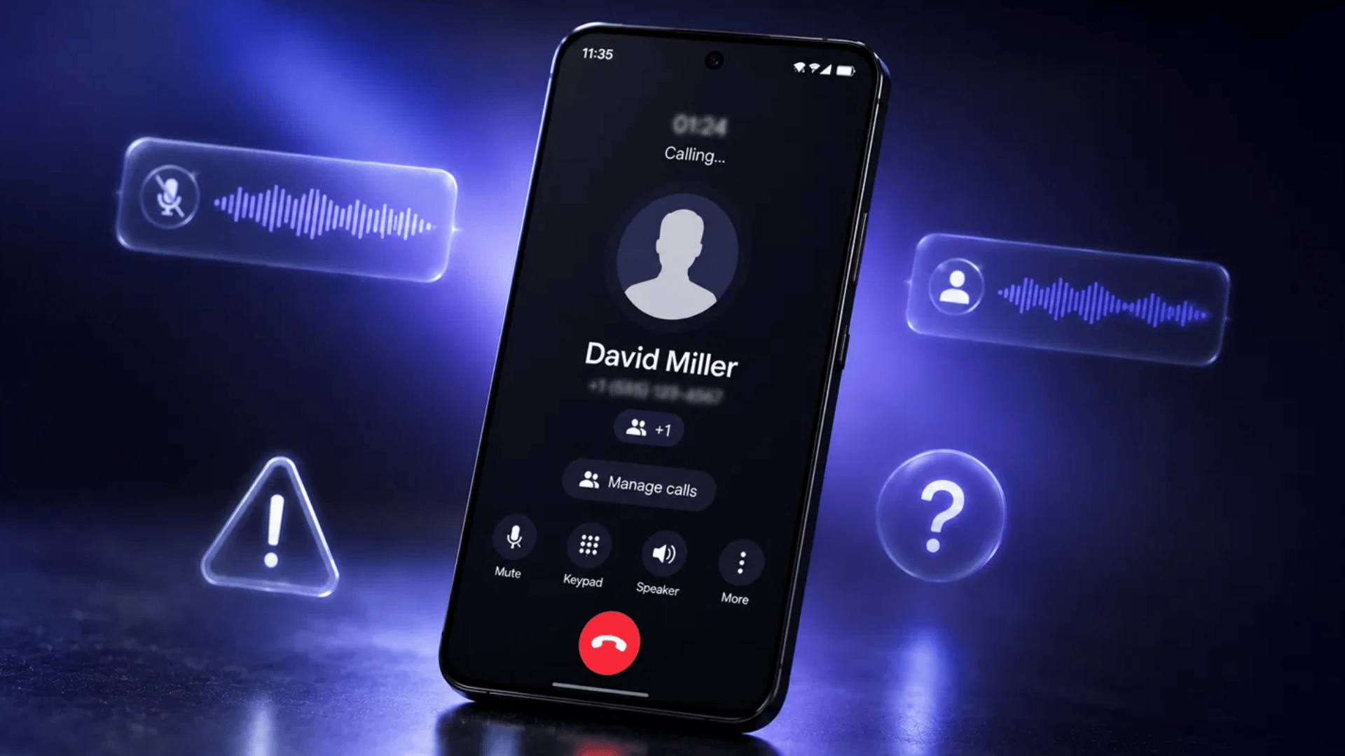 android phone showing a call with a hidden extra participant, revealing a secret three-way call on the line