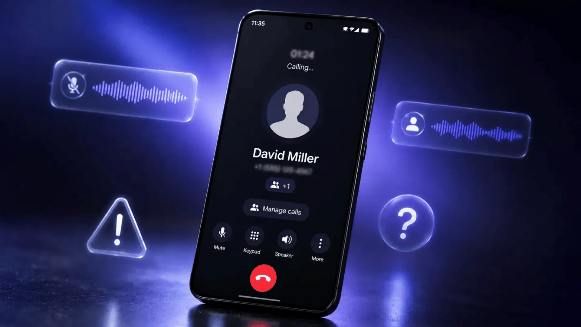 android phone showing a call with a hidden extra participant, revealing a secret three-way call on the line