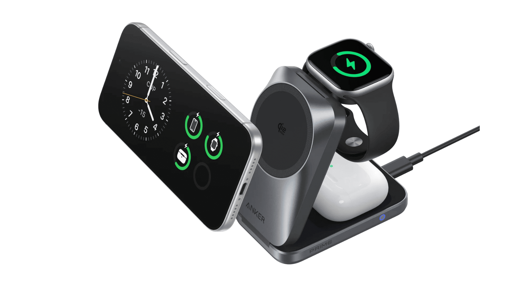 anker prime multi device magsafe charging stations arranged on a clean desk with phones watches and earbuds
