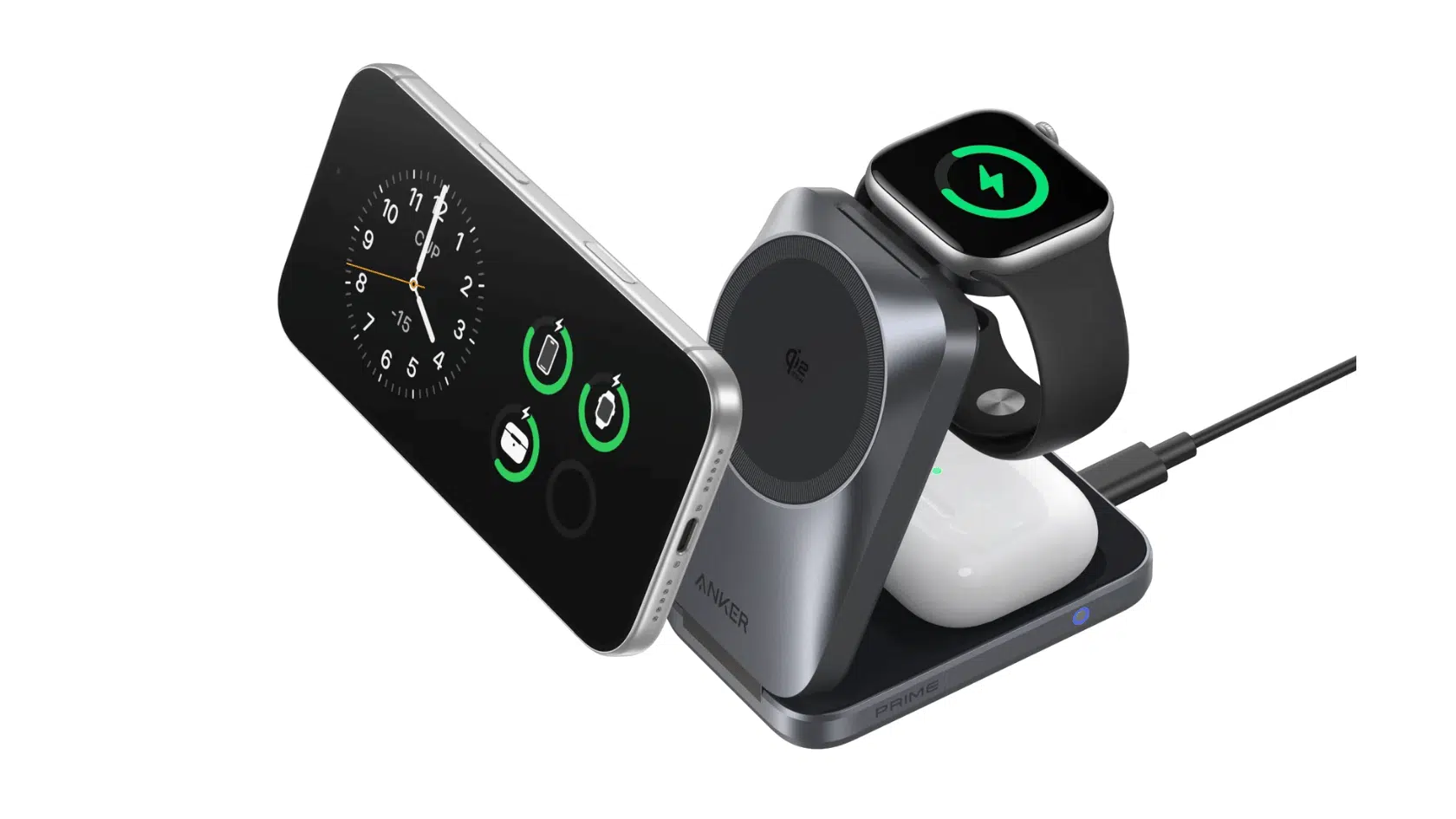 anker prime multi device magsafe charging stations arranged on a clean desk with phones watches and earbuds
