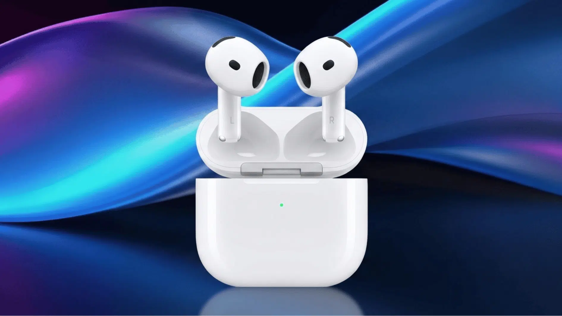 apple airpods 4 with anc and case on a blue and purple background
