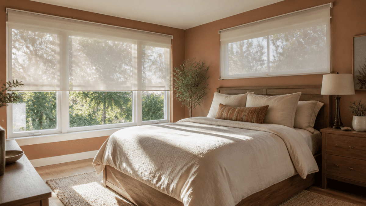automated window shades on bedroom windows with natural light and realistic home interior details