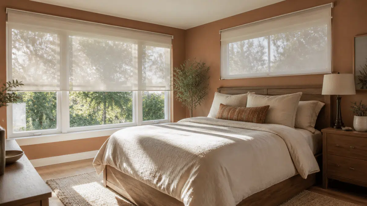 automated window shades on bedroom windows with natural light and realistic home interior details