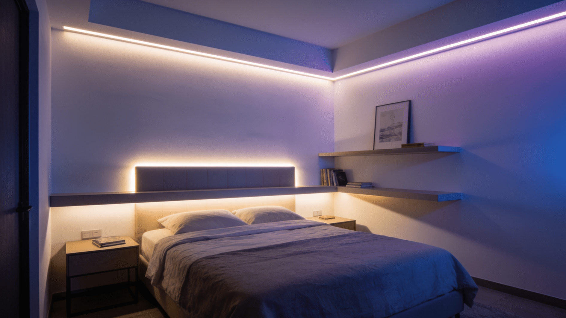 bedroom lit with warm led strip lighting along ceiling edges and headboard, transitioning to cool blue near shelves