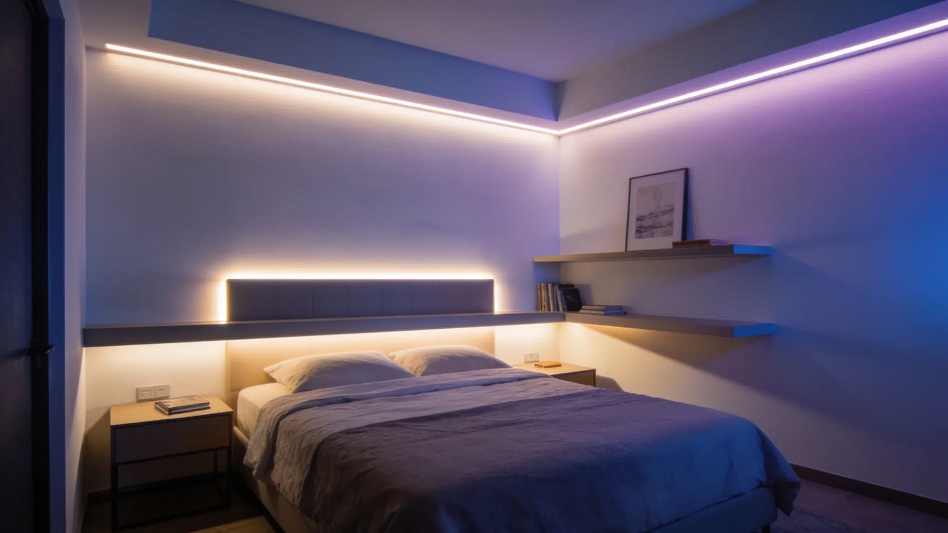 bedroom lit with warm led strip lighting along ceiling edges and headboard, transitioning to cool blue near shelves