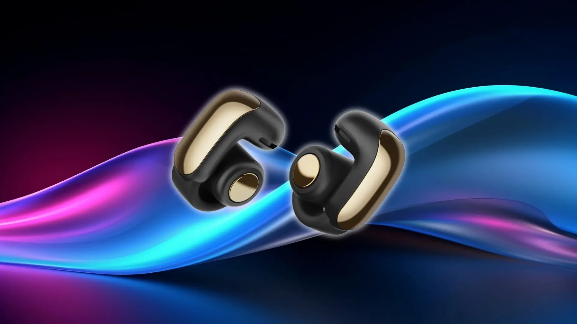 Bose Ultra Open Earbuds floating against a colorful blue and purple wave background, showing the open-ear cuff design with black and gold accents.