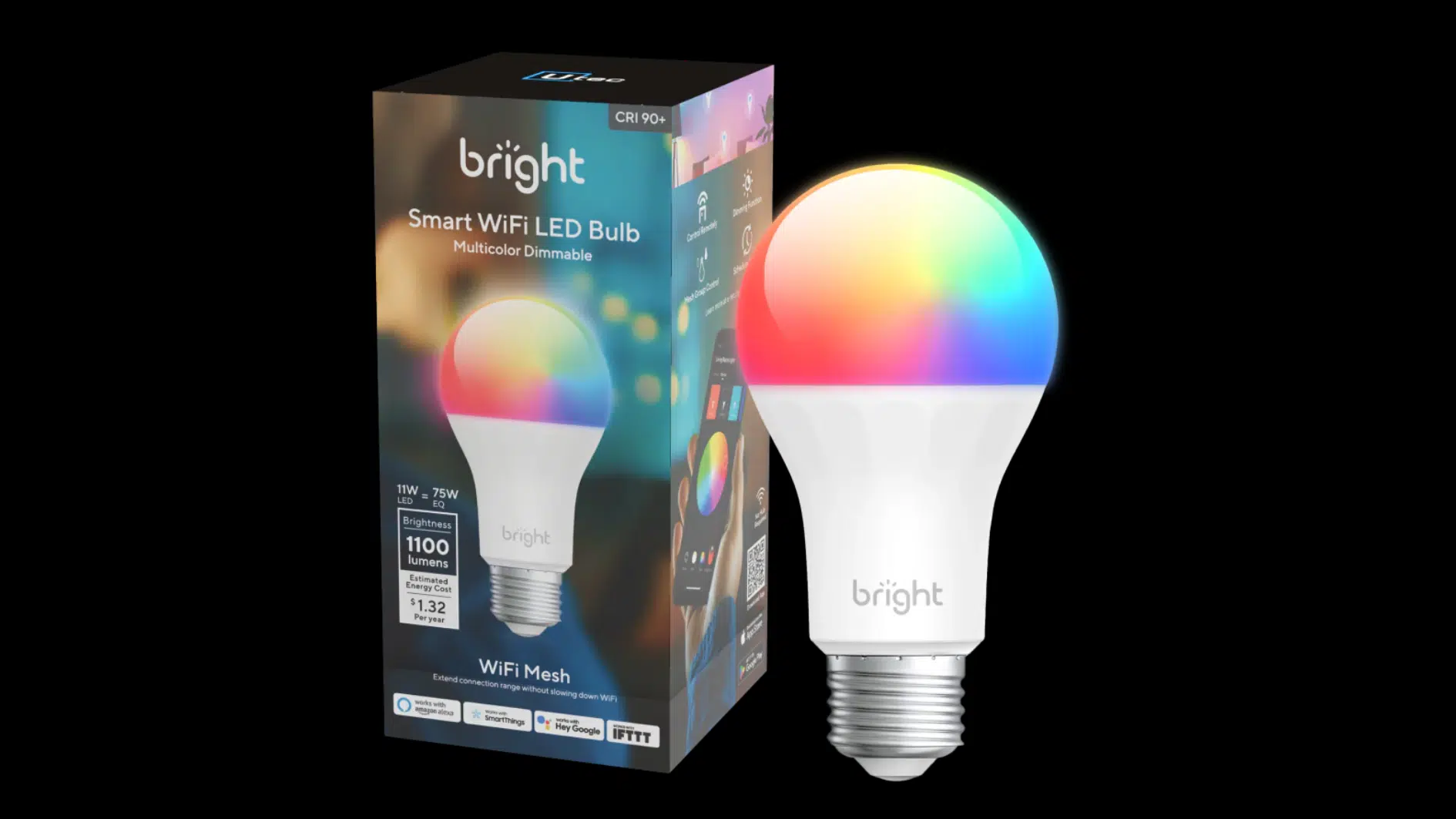 bright smart wi-fi led bulb with multicolor lighting, 1100-lumen output, dimming, and voice control support