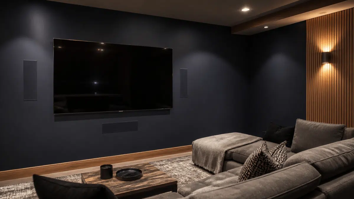 built in audio speakers inside a home theater wall with realistic seating and entertainment setup