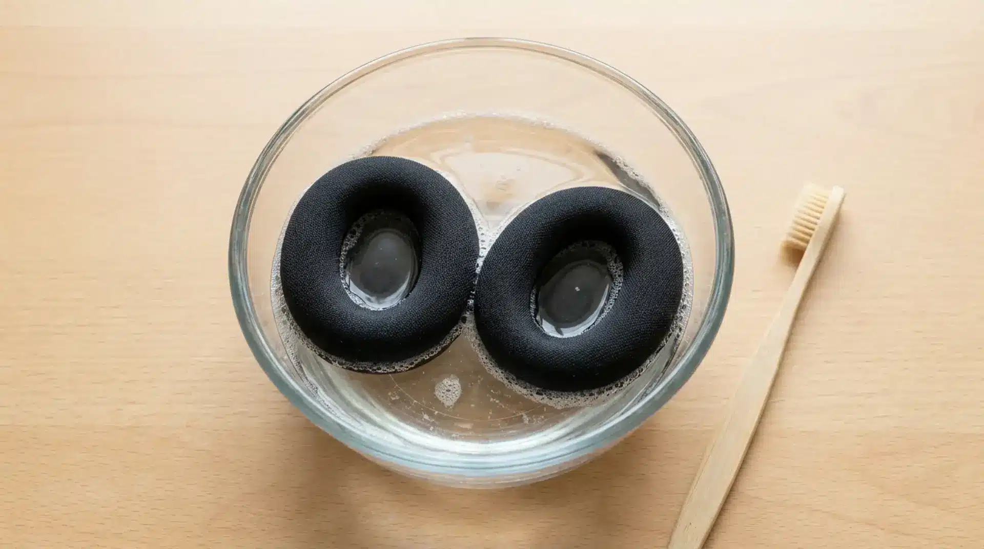 Removable headphone ear pads soaking in warm soapy water with a soft toothbrush next to them.