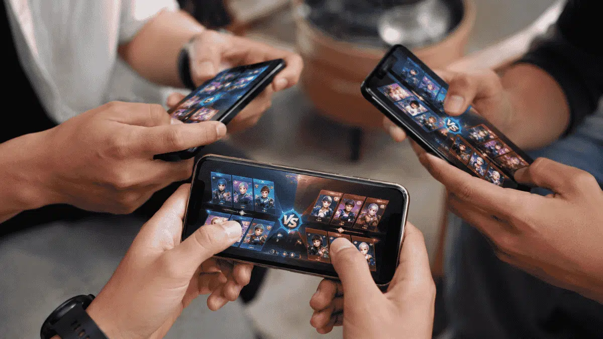 close up photo of three friends playing a mobile esports game on smartphones, hands holding phones in a circle