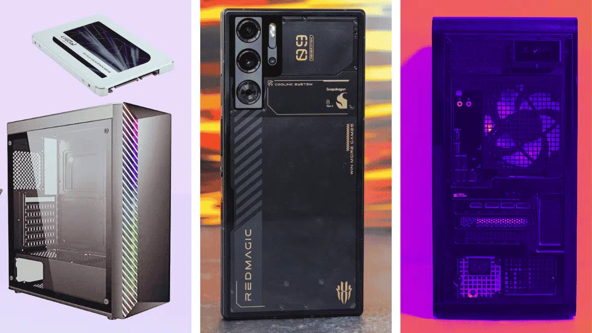 collage of affordable gaming hardware including keyboard mouse headset and controller on plain background