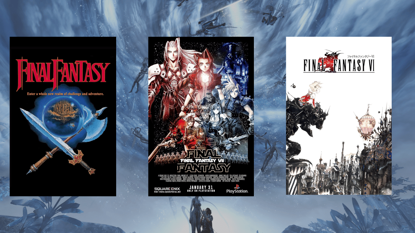 collage of different final fantasy game versions showing characters summons creatures and fantasy card art on one board