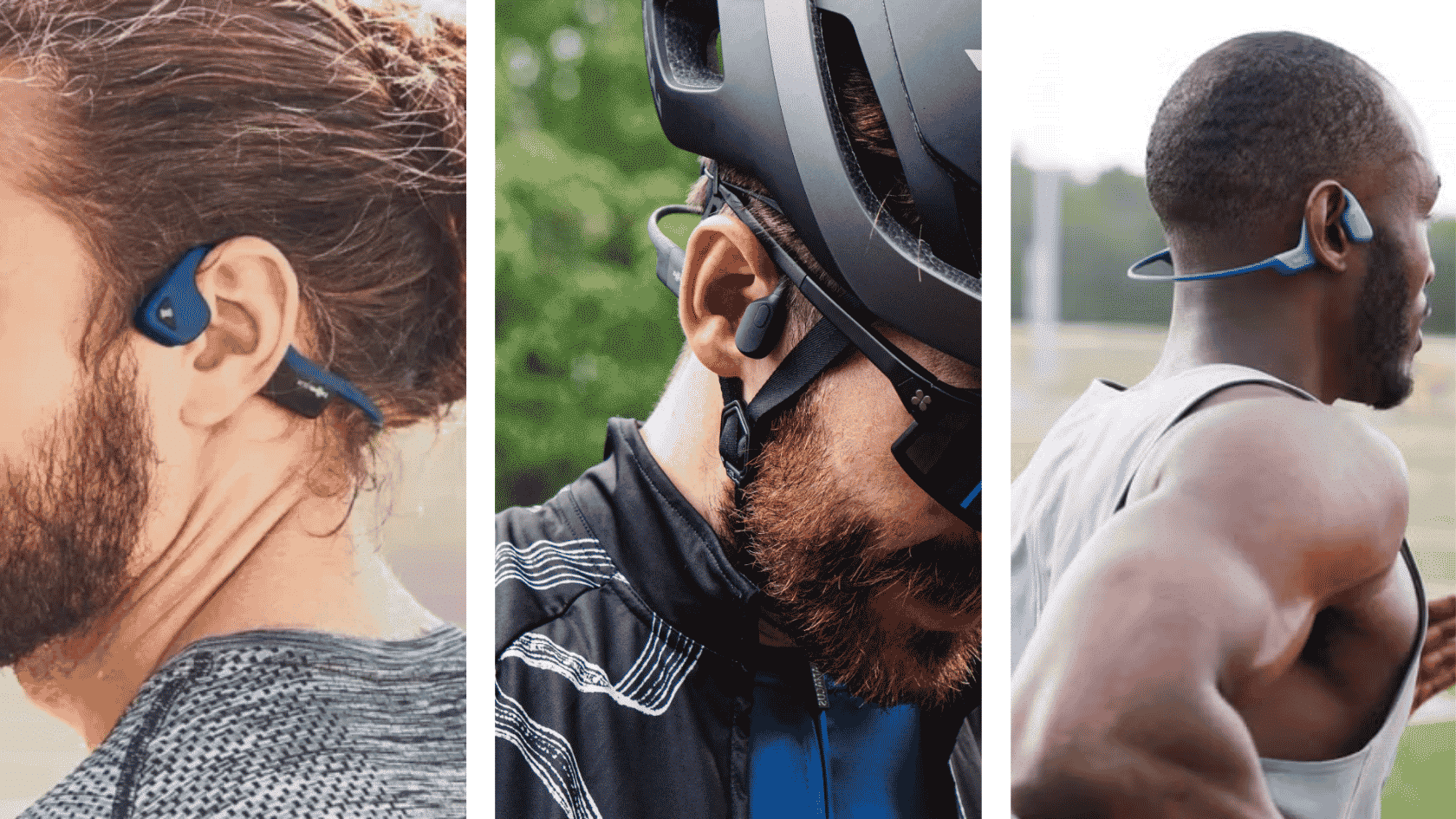 collage of pictures showing different people wearing bone conduction headphones doing daily life activities