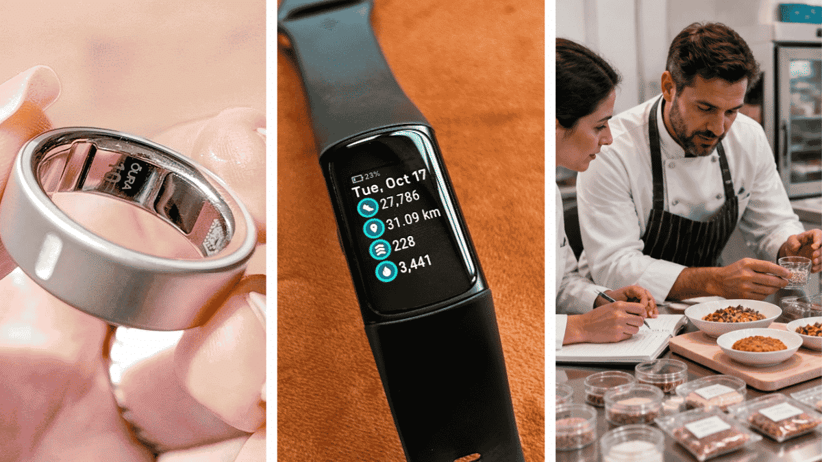collage showing wearable fitness devices smartwatch fitness band and food scientists