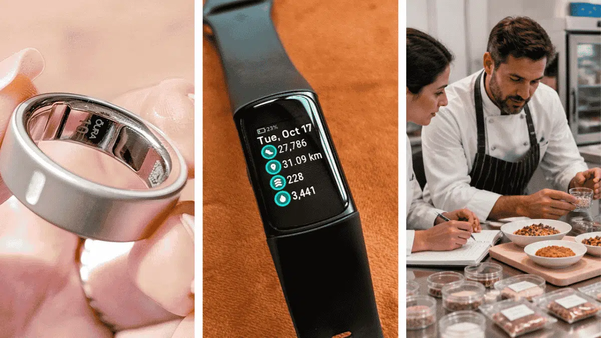 collage showing wearable fitness devices smartwatch fitness band and food scientists