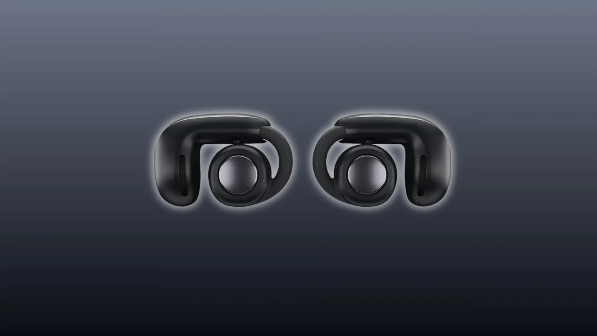 Ultra Open Earbuds in black with open-ear design displayed against a dark background.