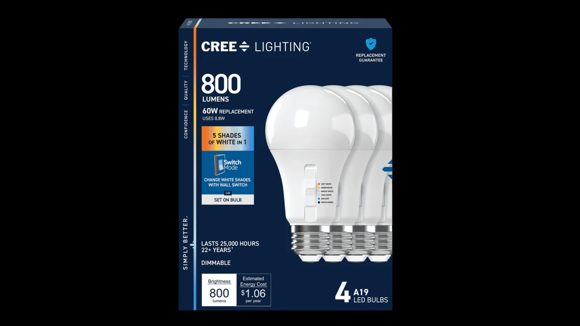 cree lighting 800-lumen led bulb four-pack with five adjustable white shades, dimming, and 25,000-hour life