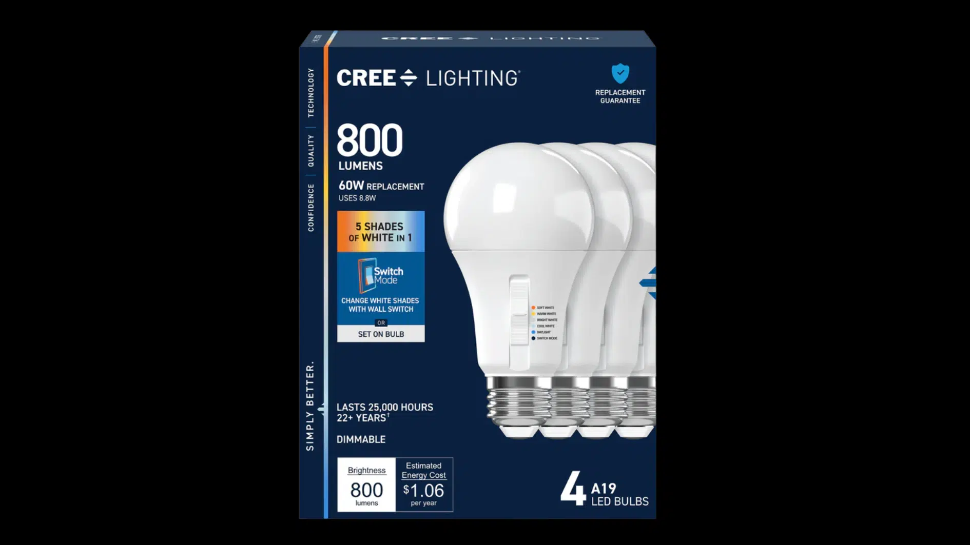 cree lighting 800-lumen led bulb four-pack with five adjustable white shades, dimming, and 25,000-hour life