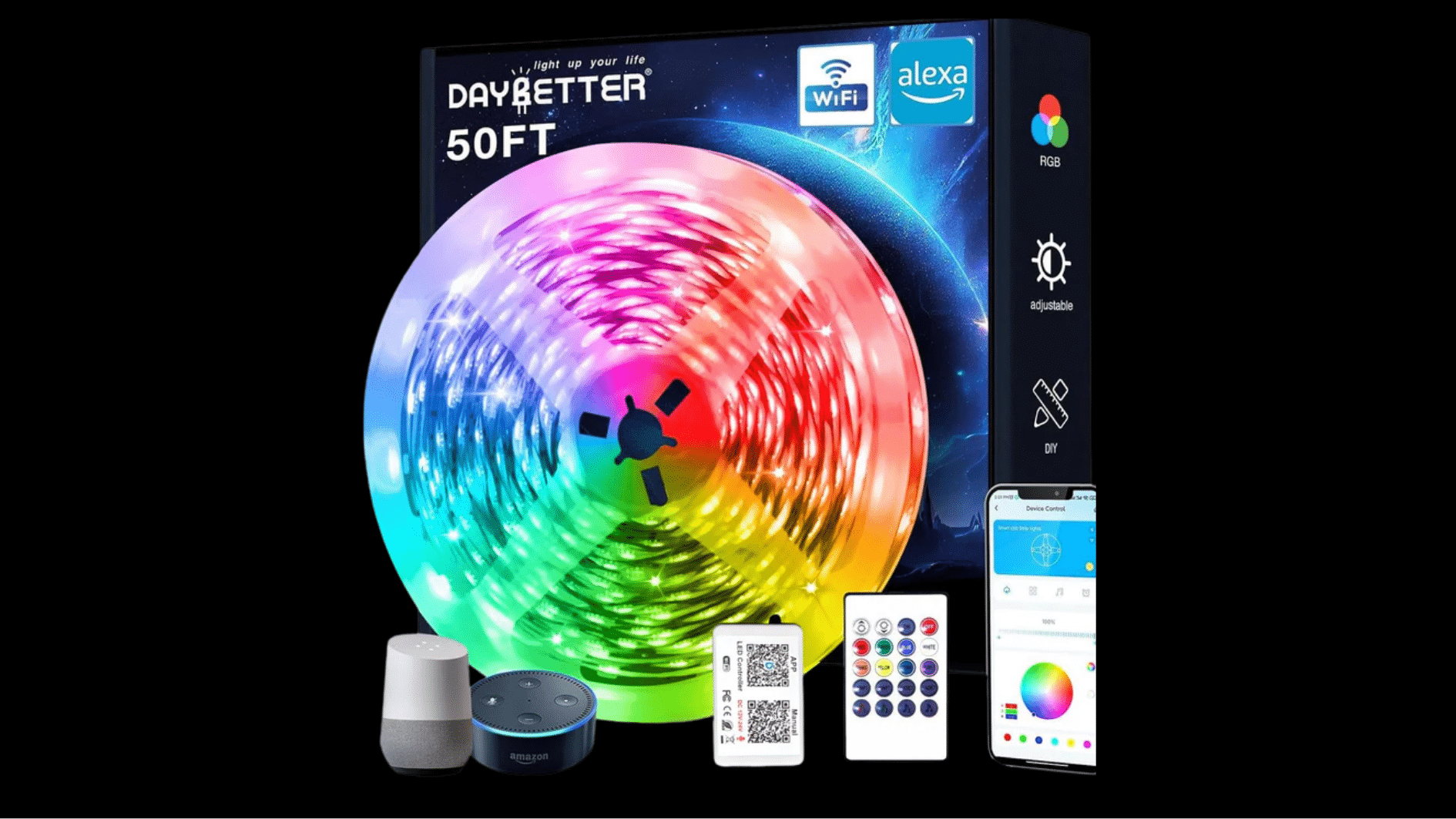 daybetter 50-foot rgb led strip kit with remote, smartphone app, and smart speaker control accessories included