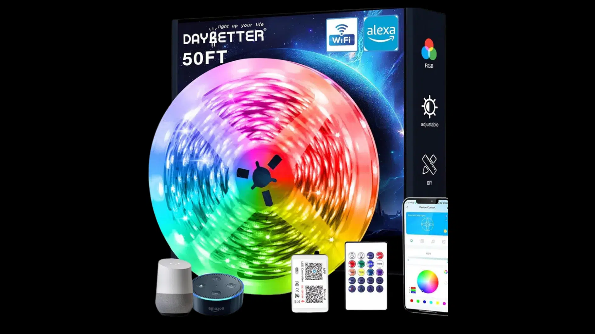 daybetter 50-foot rgb led strip kit with remote, smartphone app, and smart speaker control accessories included