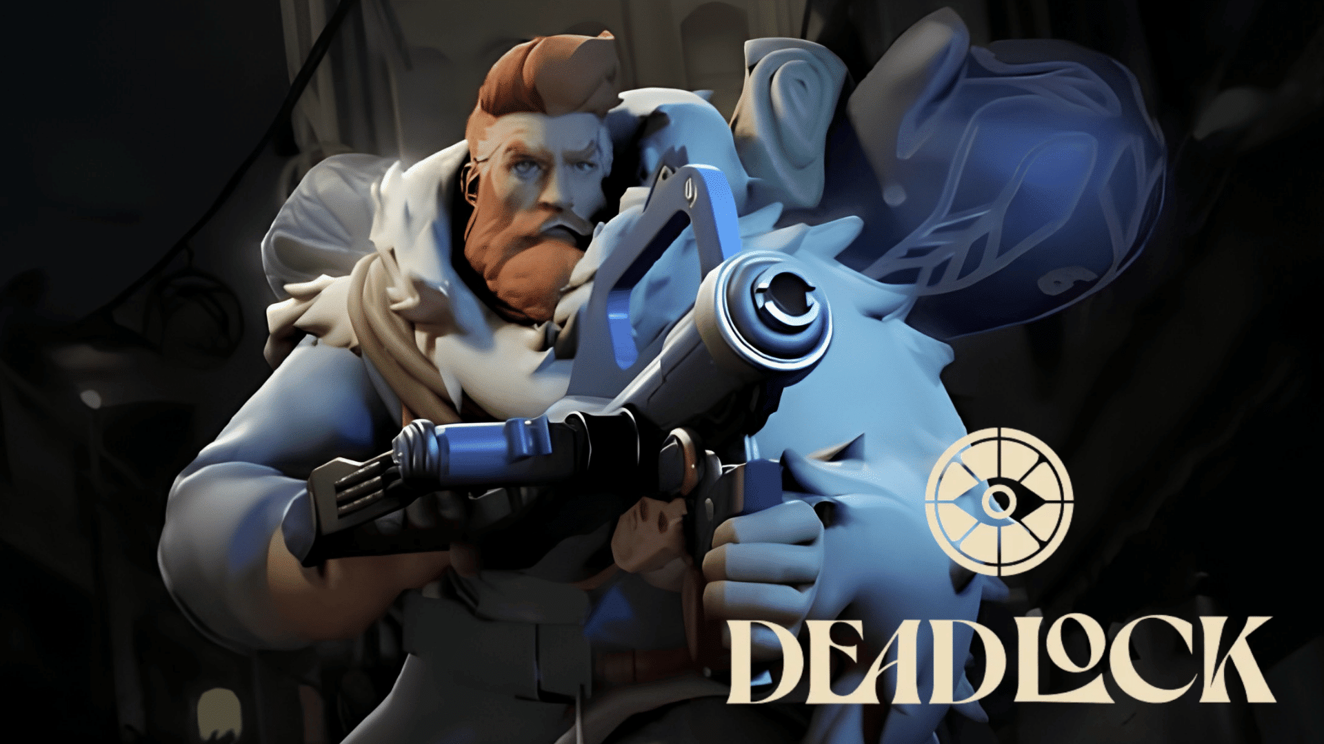 deadlock hero with a red beard holding a large gun next to the deadlock logo