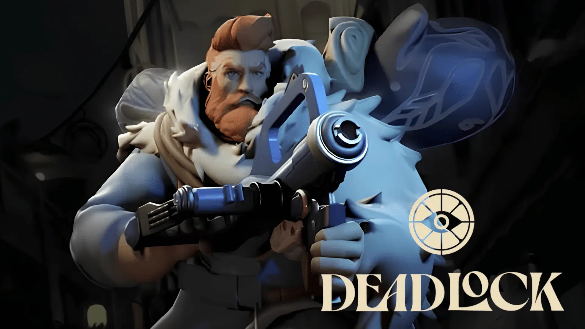 deadlock hero with a red beard holding a large gun next to the deadlock logo