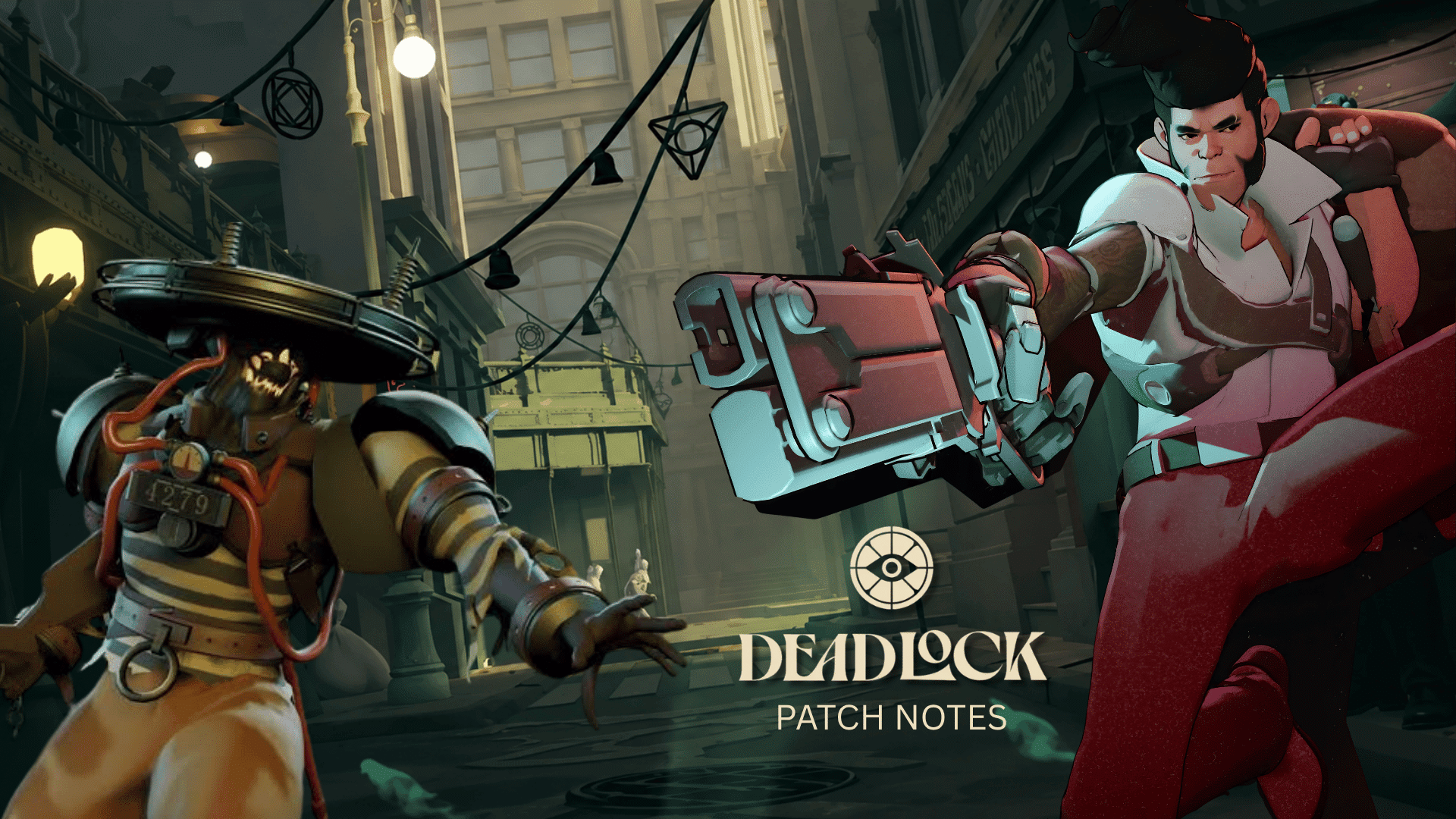 deadlock patch notes banner featuring two heroes on a dark city street with the deadlock logo
