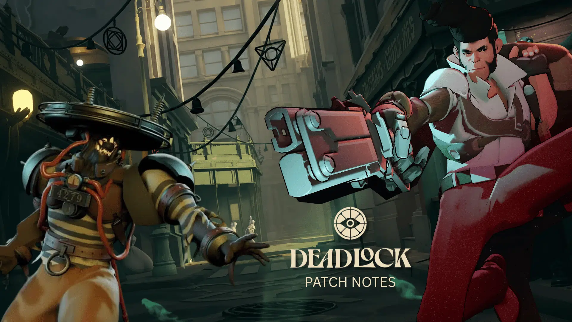 deadlock patch notes banner featuring two heroes on a dark city street with the deadlock logo