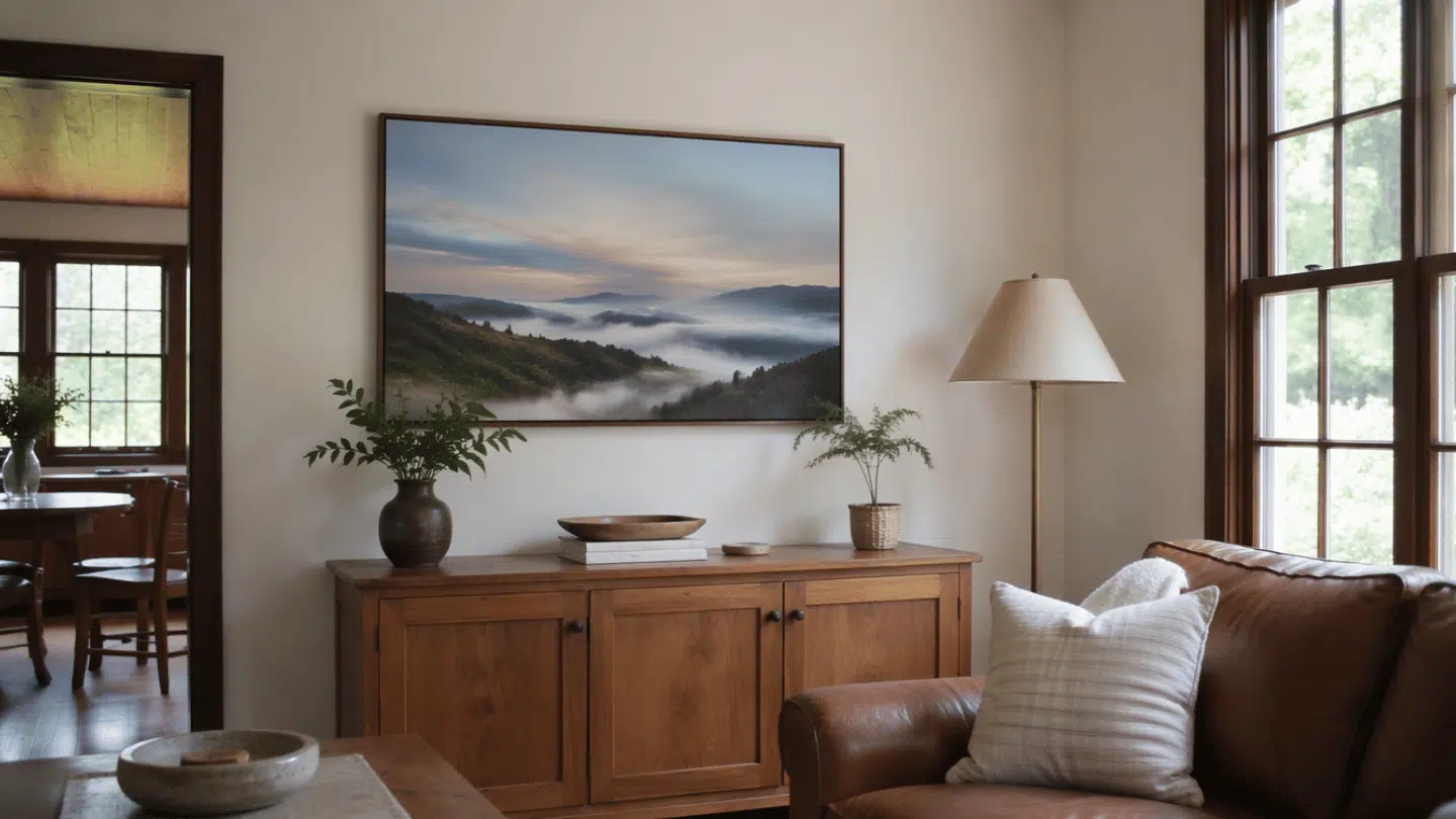 digital art frame displaying artwork on a living room wall with natural home decor and soft daylight