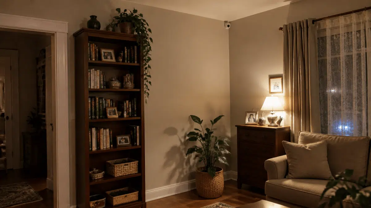 discreet indoor security camera placed in a living room corner with home decor details