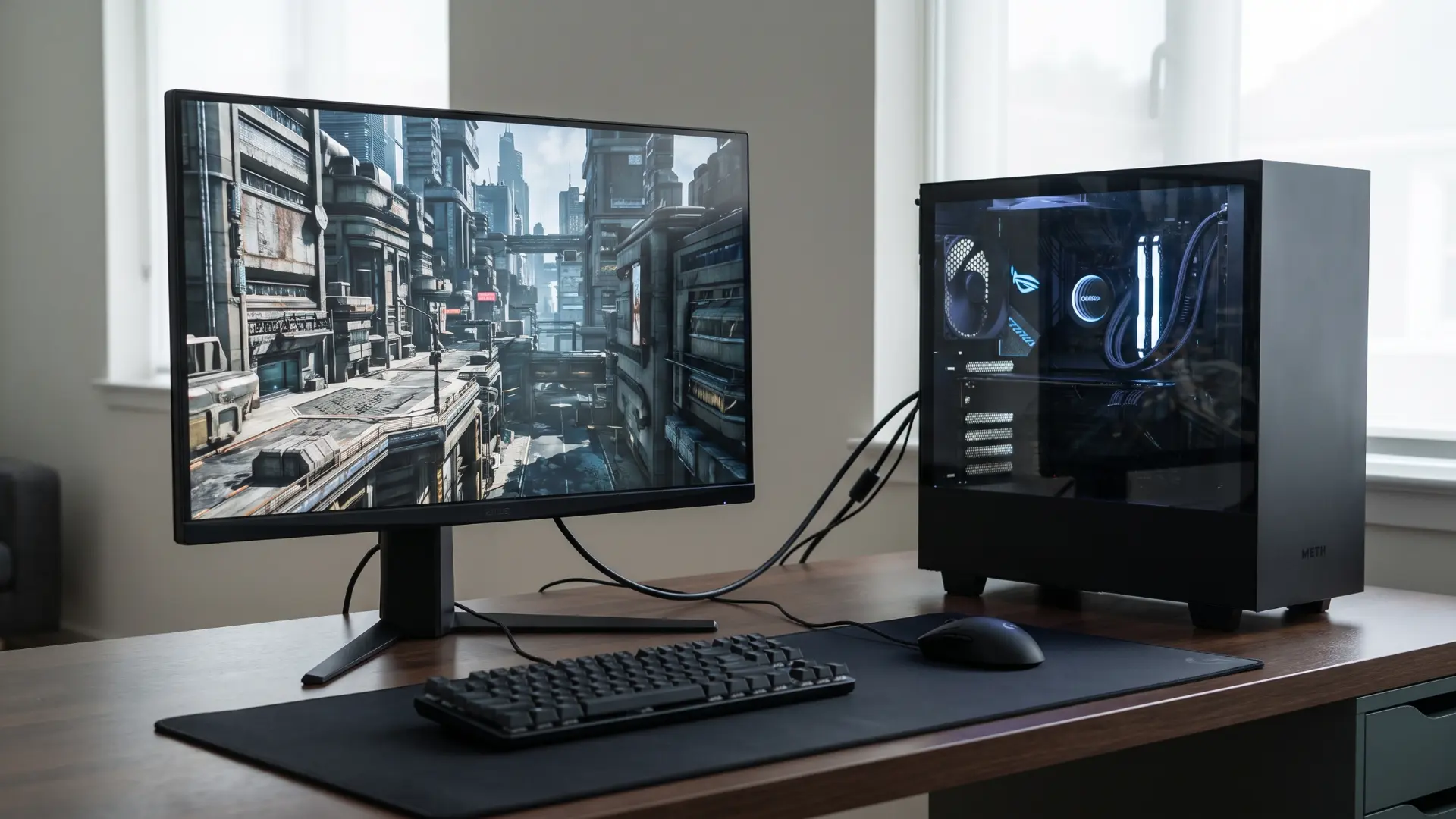 High-refresh gaming monitor setup representing resolution and bandwidth needs.