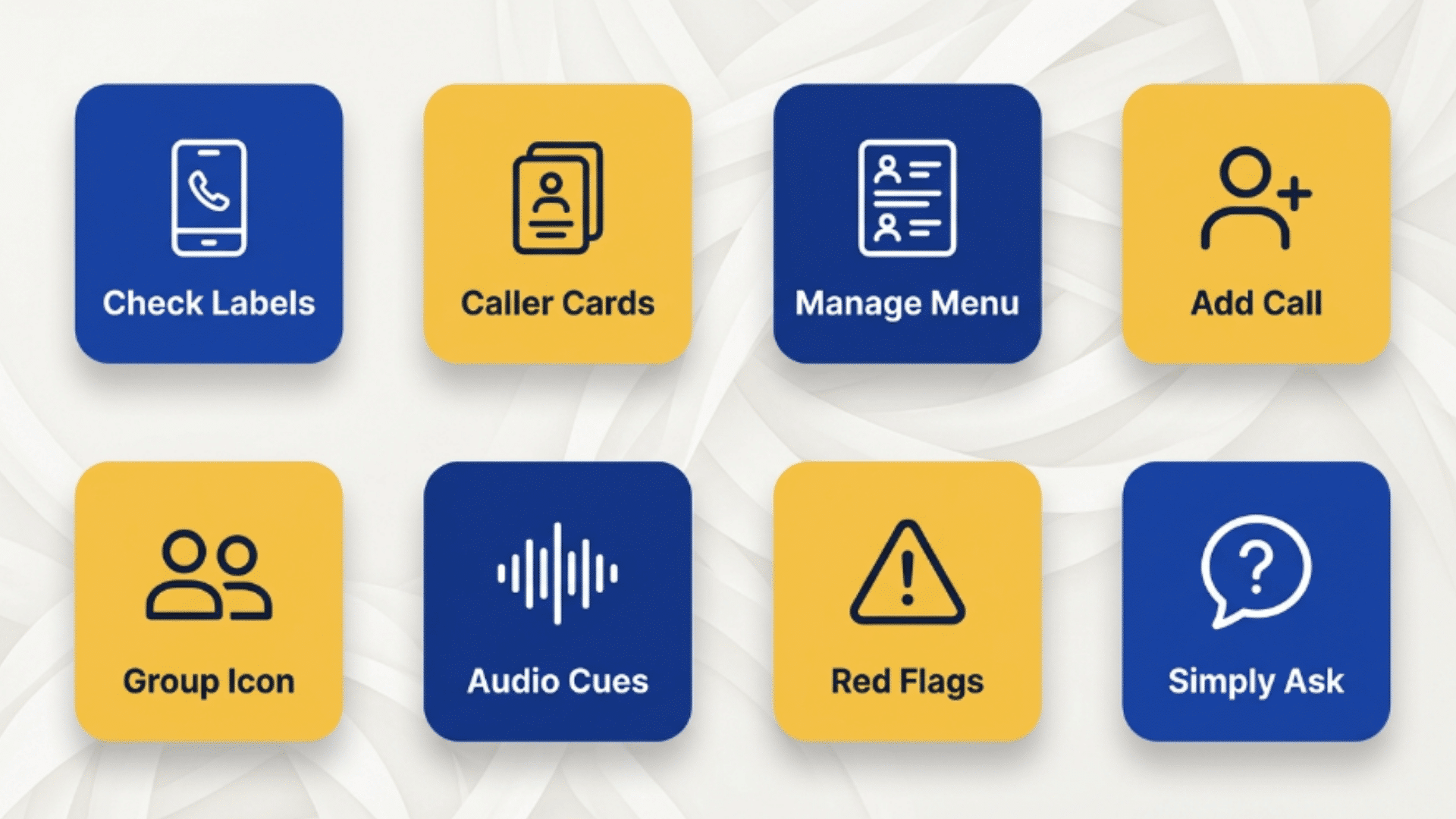 eight blue and yellow cards showing ways to detect a hidden listener on a phone call