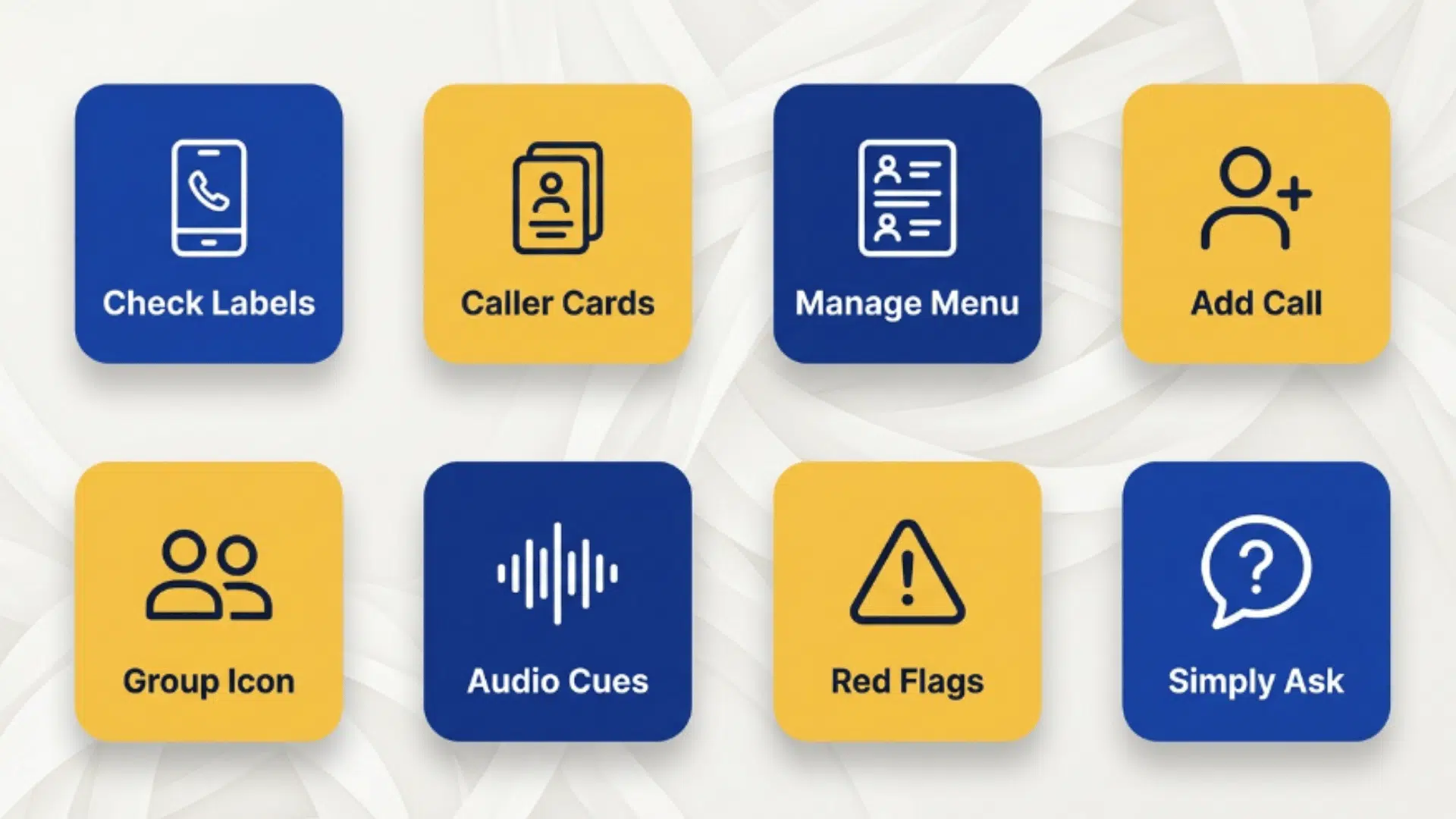 eight blue and yellow cards showing ways to detect a hidden listener on a phone call