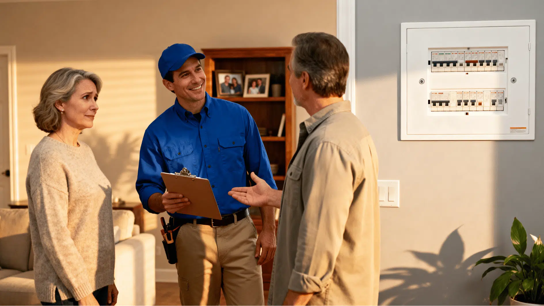 electrician explaining electrical panel replacement details to a couple inside a bright, clean residential space.
