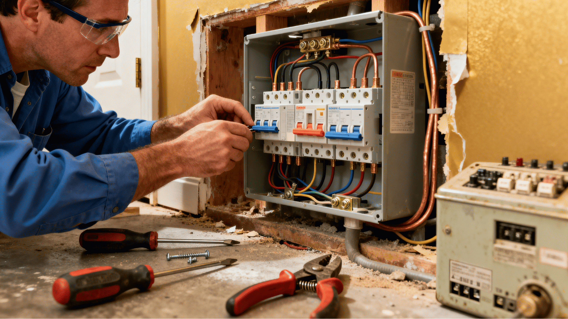 electrician installing new electrical panel in residential wall opening with exposed wiring, breaker setup during upgrade work