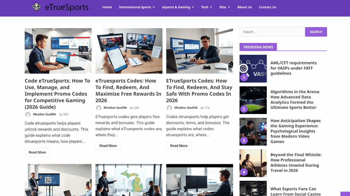 etruesports website page showing the blogs and guides on rewards redeem and promo code implementation