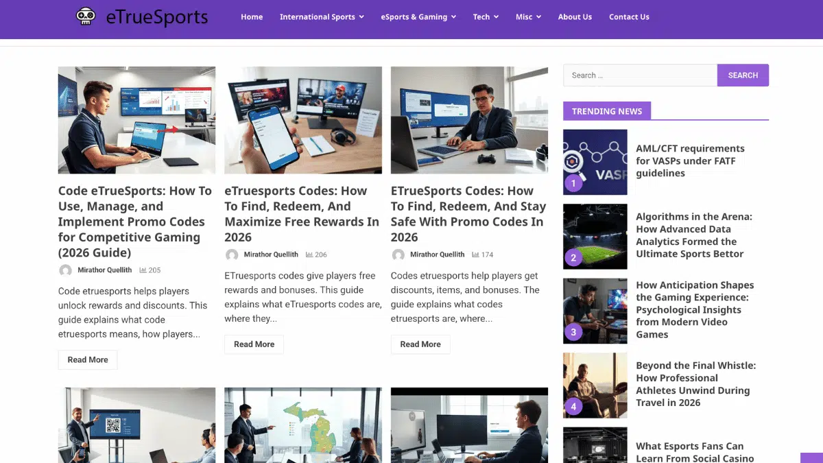 etruesports website page showing the blogs and guides on rewards redeem and promo code implementation