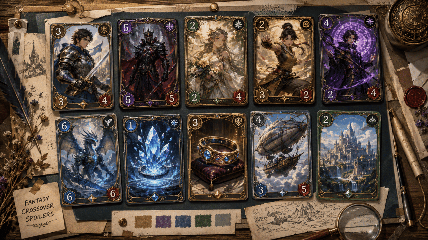 fantasy card collage on a designed board with character summon artifact airship and landscape cards for mtg spoilers