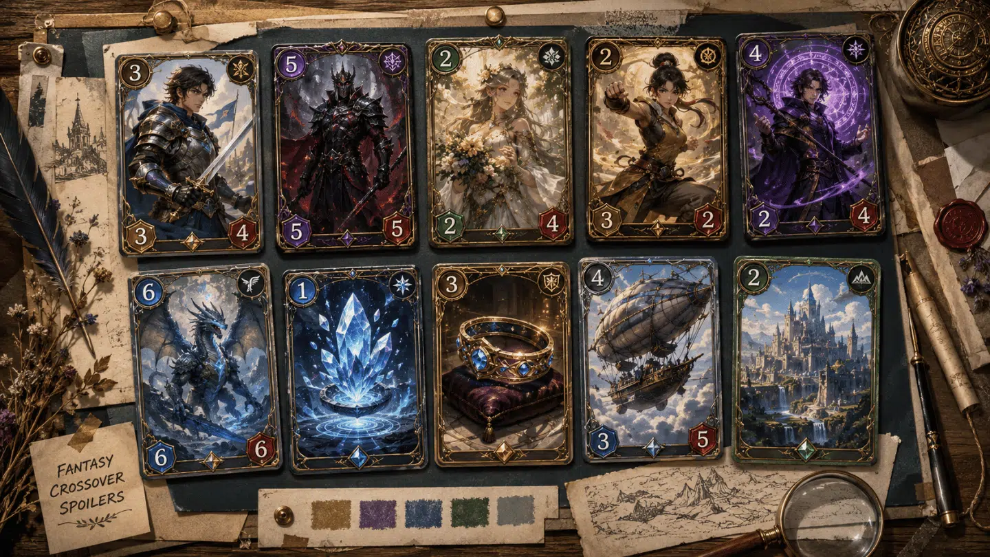 fantasy card collage on a designed board with character summon artifact airship and landscape cards for mtg spoilers