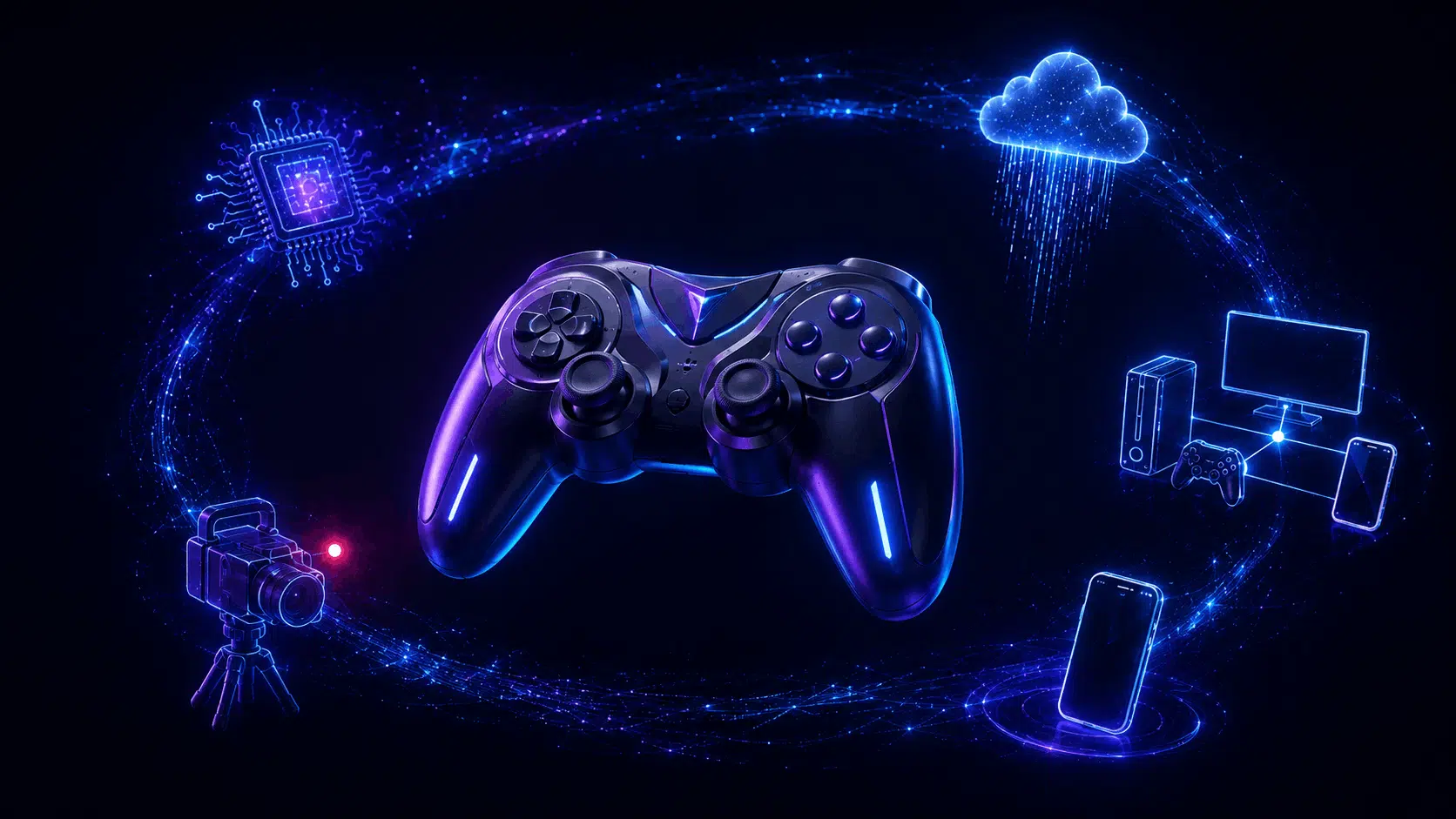 futuristic game controller floating in dark space surrounded by glowing holographic icons of key gaming trends