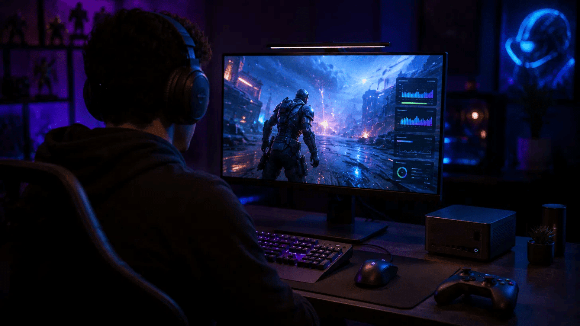 gamer at a desk playing on a monitor with performance stats beside a compact mini pc in a neon lit room