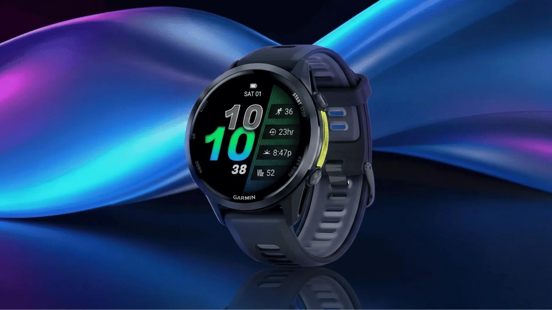 garmin forerunner 970 watch on a purple and blue background