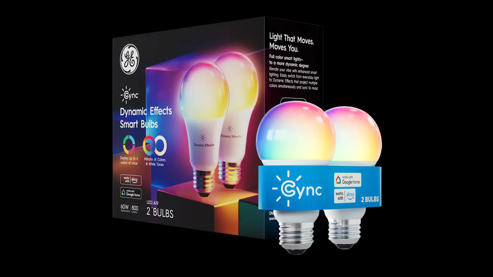 ge cync dynamic effects smart bulb two-pack with multicolor lighting, app control, and voice assistant support