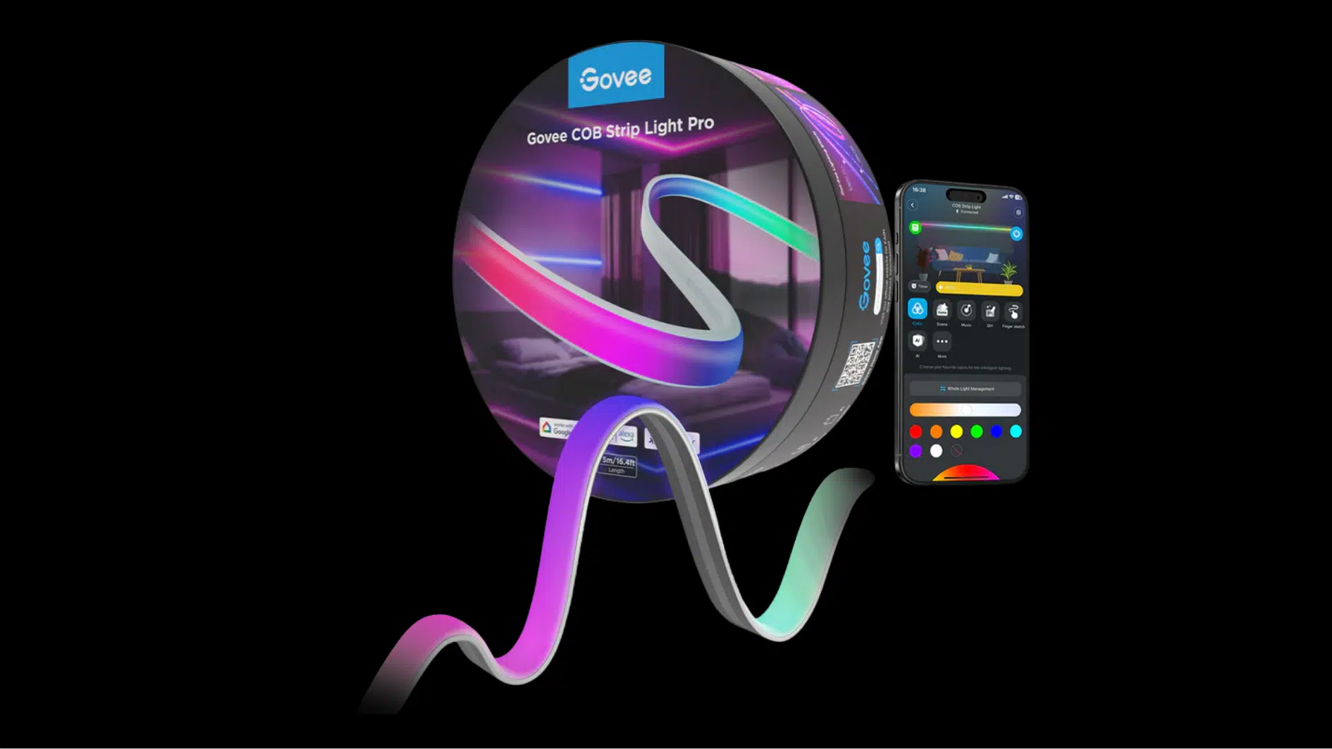 govee cob strip light pro package with flexible multicolor light strip and smartphone control app shown beside