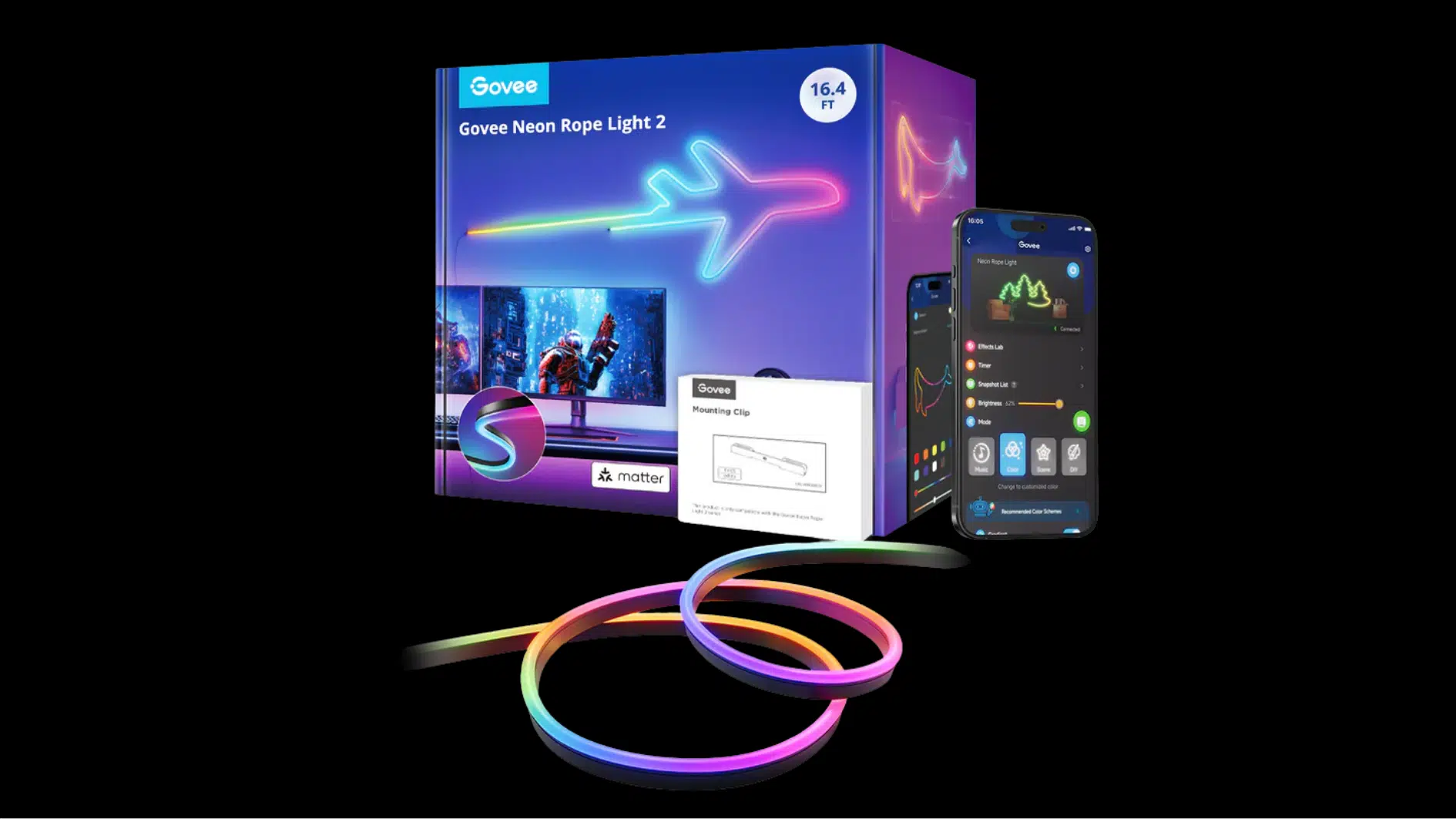 govee neon rope light 2 box with glowing flexible rope light, mounting clips, and smartphone app controls show