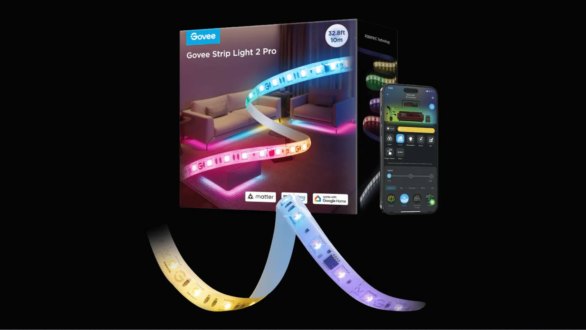 govee strip light 2 pro box with multicolor led strip and smartphone app controls displayed on black backdrop.