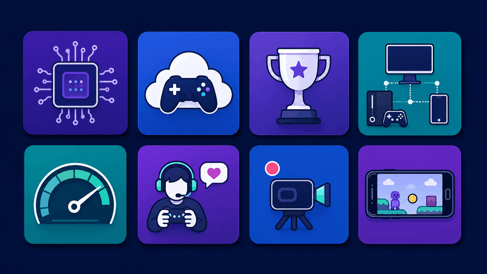 grid of 8 flat icons showing gaming trends like ai, cloud gaming, esports, cross-platform play, and mobile gaming