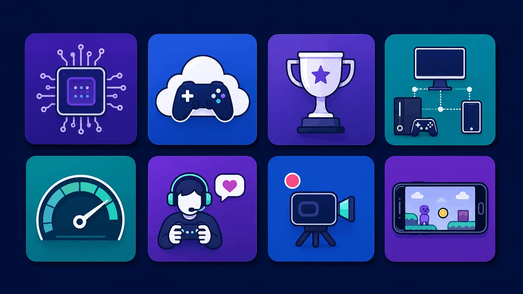 grid of 8 flat icons showing gaming trends like ai, cloud gaming, esports, cross-platform play, and mobile gaming