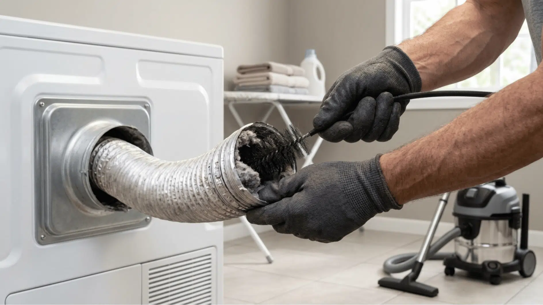 hands cleaning dryer vent hose with brush to remove lint and fix samsung dryer heating issue