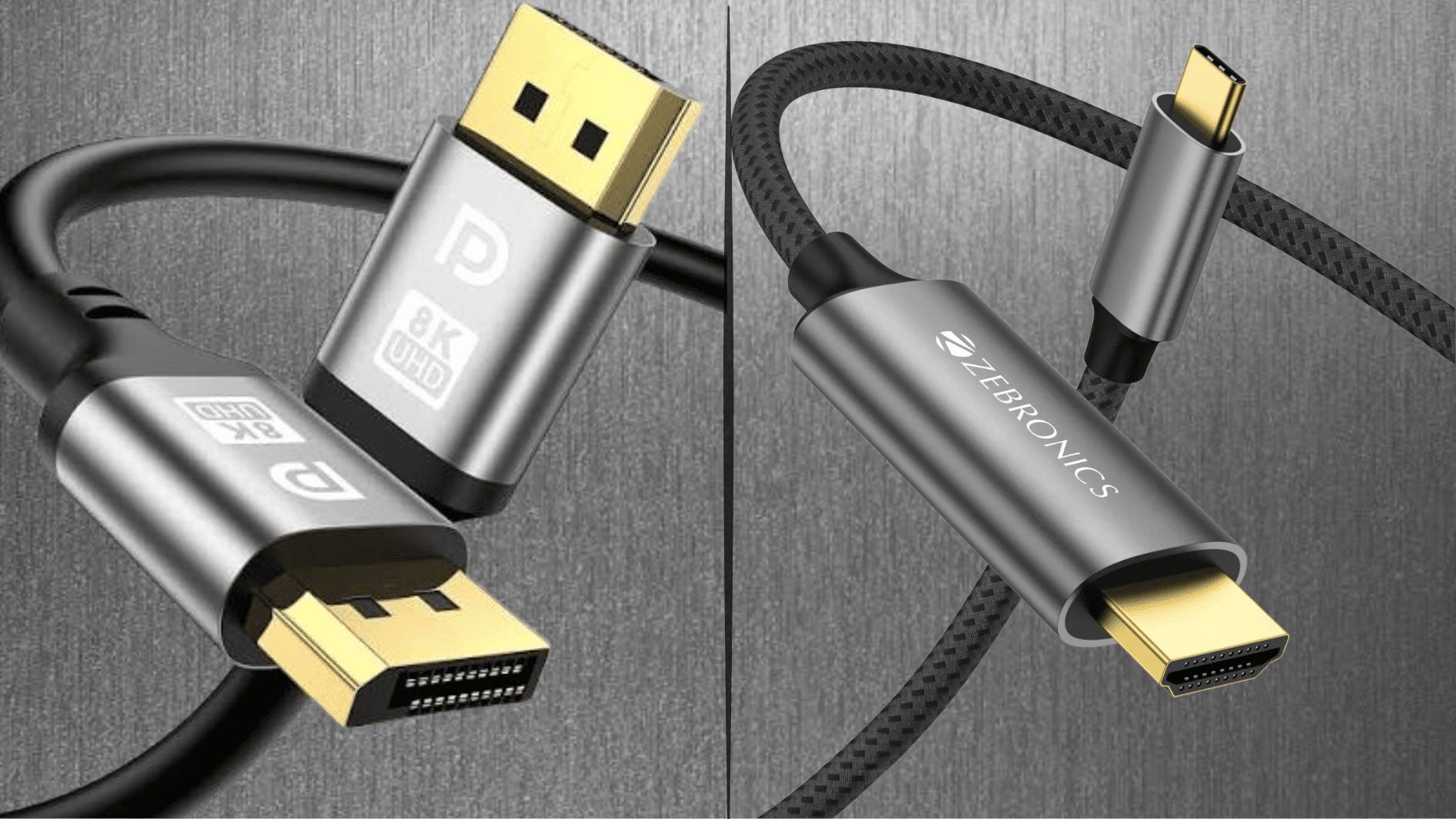 hdmi on left and displayport cable on right in a grid of two on a gray metallic  background  (1)